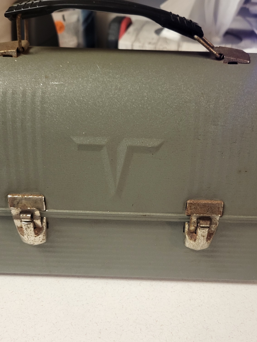 Vintage V Victory Metal Dome Top Lunch Box Work Pail Grey Thermos Collectible